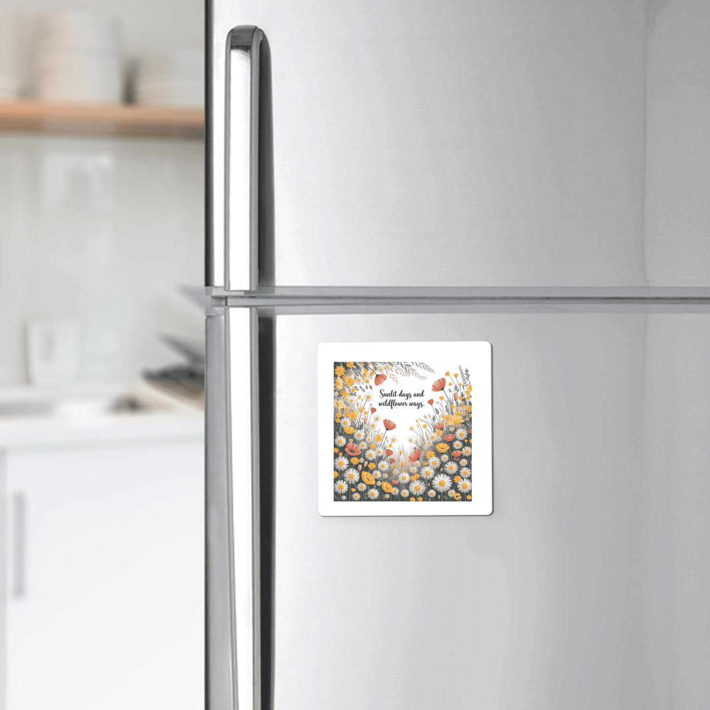 The Sunlit Days and Wildflower Ways Magnet by Mirabilia Boutique adds floral summer charm and inspiration to a silver fridge in a modern kitchen, with dishes on blurred shelves completing the fresh décor.