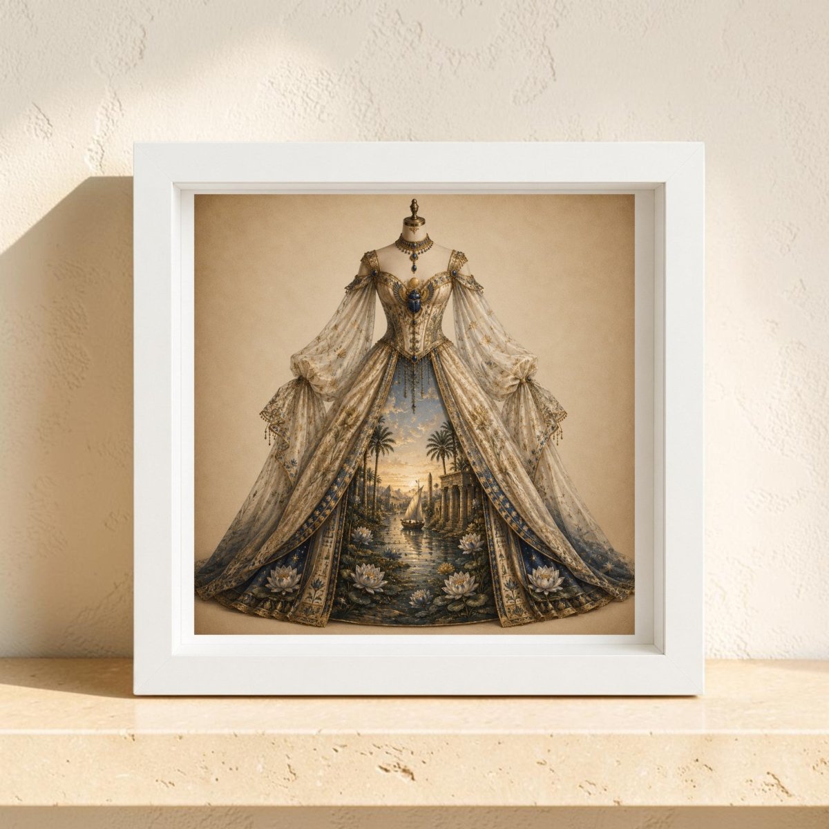 Dawn Upon the Nile | Curated Couture Artwork by Mirabilia Boutique showcases an ornate dress decorated with scenic motifs such as palm trees and water lilies, elegantly displayed on a mannequin against a soft beige background.