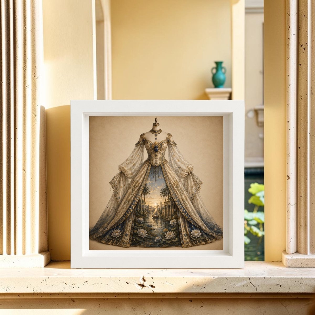 Dawn Upon the Nile | Curated Couture Artwork by Mirabilia Boutique is a framed canvas art piece showcasing an ornate vintage gown with intricate patterns and scenery, set on a ledge between classical columns; a vase and a tranquil lily pond evoke the elegance of a lotus blossom painting in the background.