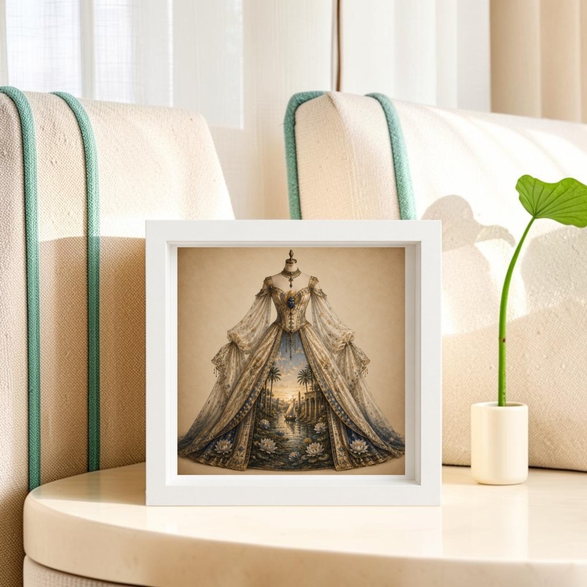Dawn Upon the Nile | Curated Couture Artwork by Mirabilia Boutique: A framed canvas art piece depicting an ornate gown displayed on a mannequin in blue and beige tones, shown atop a round table beside a white armchair and a small potted plant.