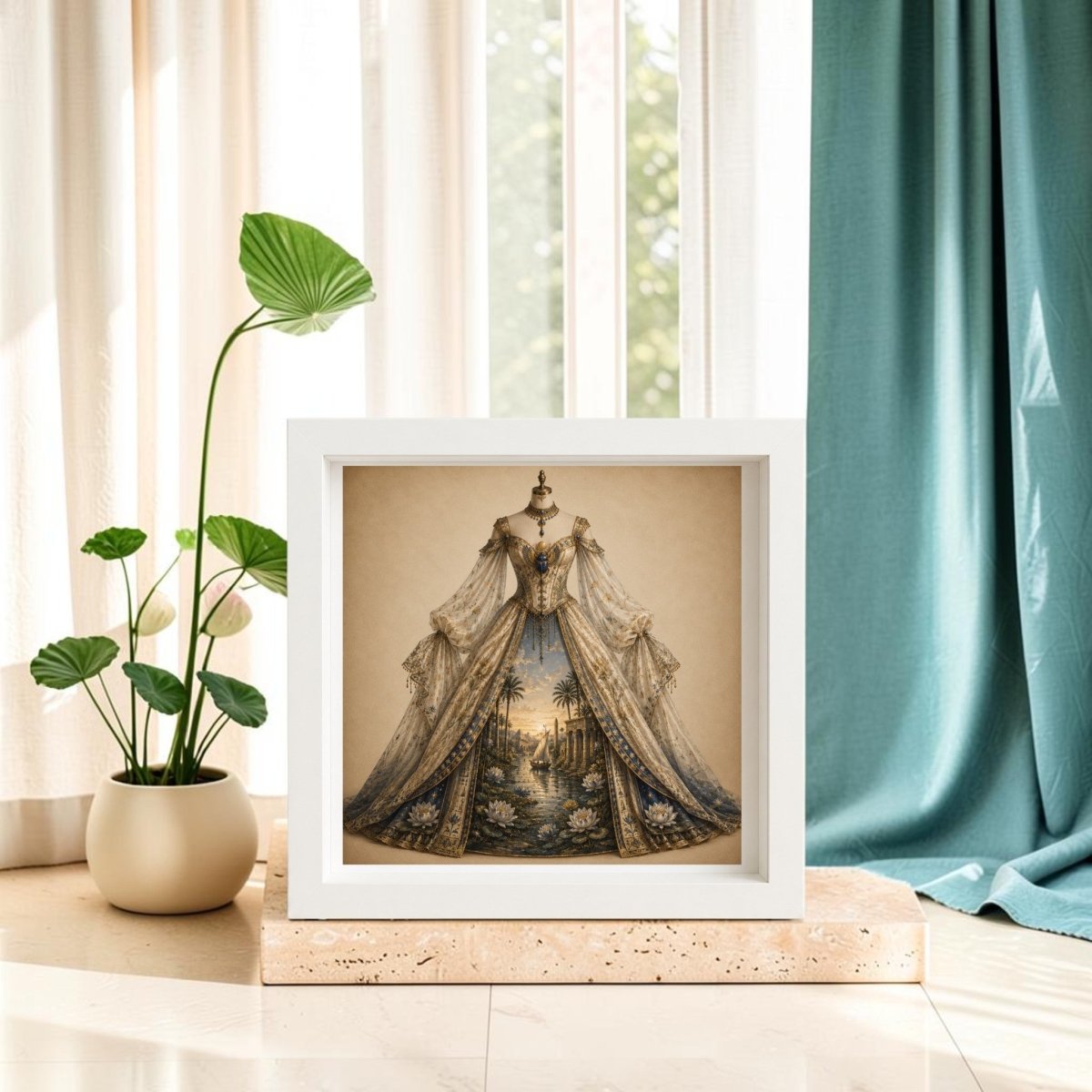 Here’s a rewritten sentence using the provided product data: “Dawn Upon the Nile | Curated Couture Artwork by Mirabilia Boutique showcases an ornate gown in blue and gold on a mannequin, elegantly framed and displayed on a beige platform beside a potted plant near sunlight-filtered curtains.”.
