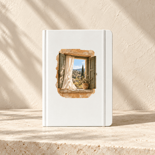 Days Still Becoming A5 Journal | Ochre & Cypress white journal featuring an illustration of an open window overlooking a countryside landscape with cypress trees.