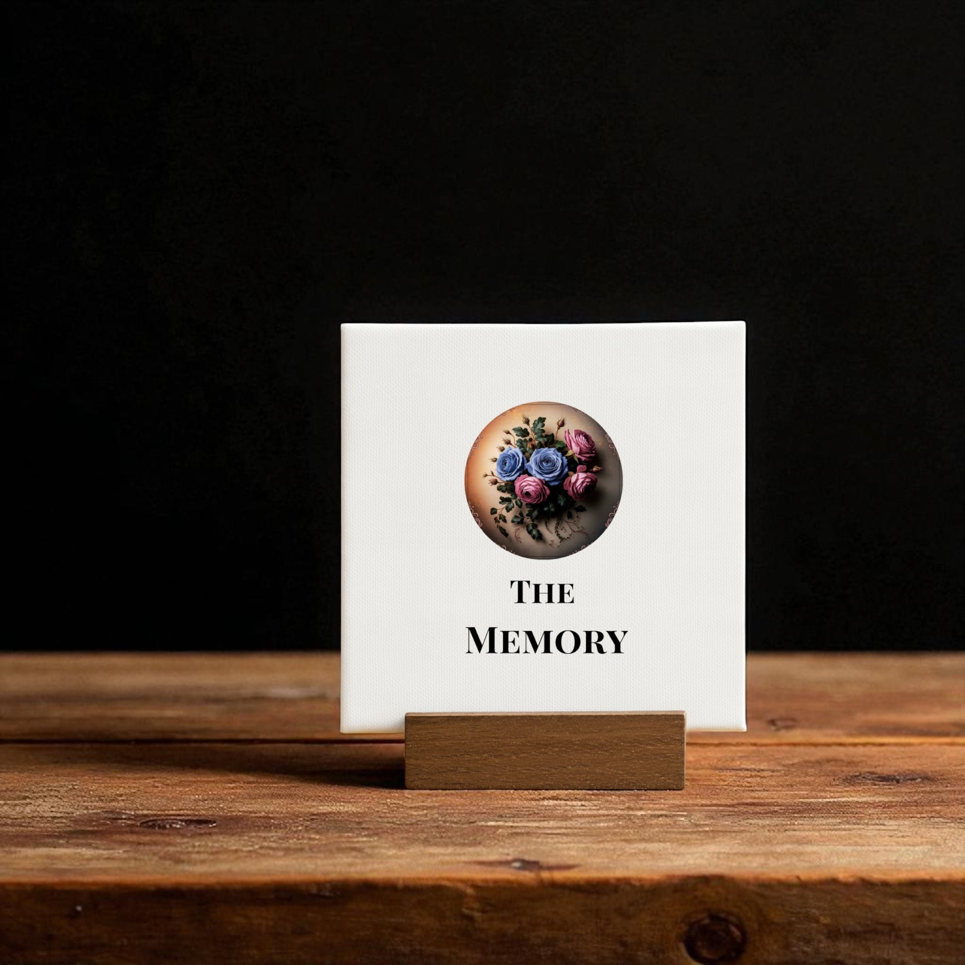 The Mini Gothic Sign | The Memory | Dead Regency Floral by Mirabilia Boutique is a white card with embroidered flowers on a wooden base—an elegant remembrance and gothic decor piece for any room.