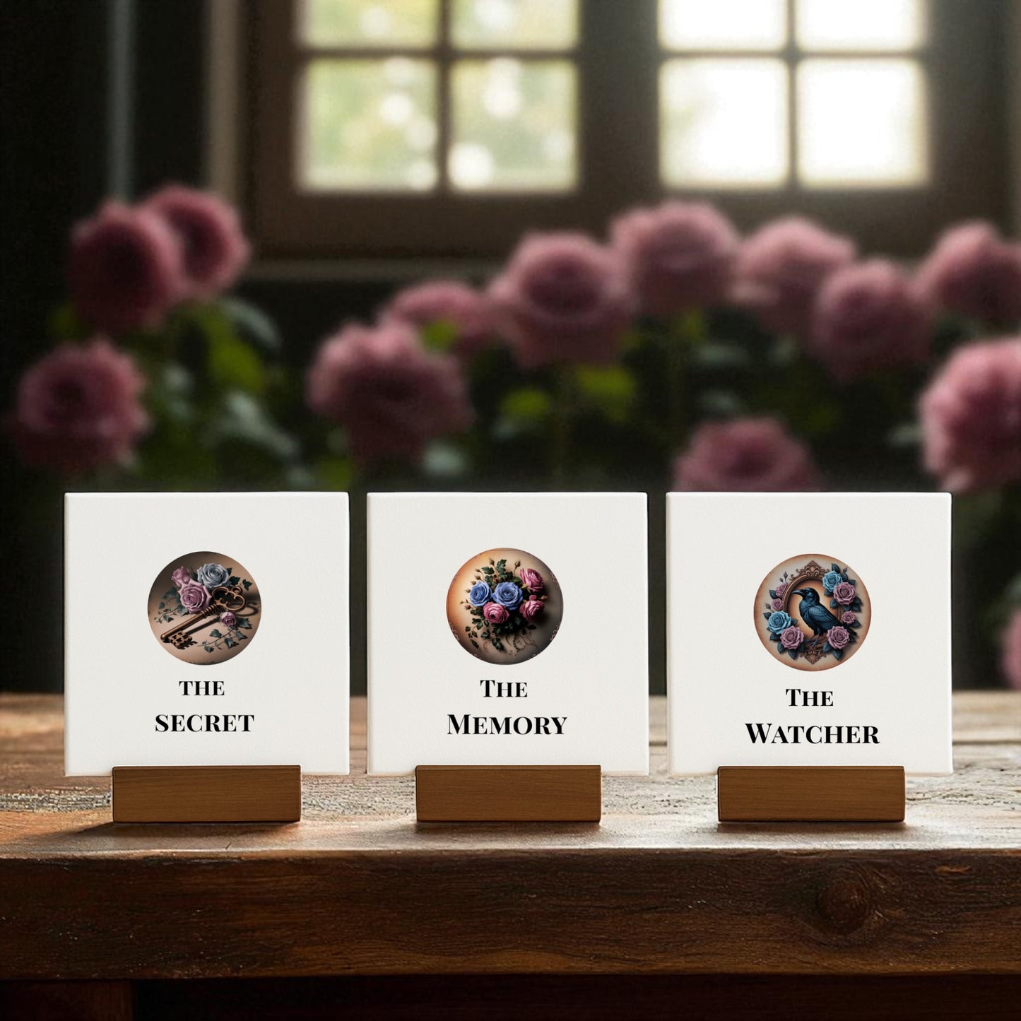 The Dead Regency Mini Sign Set | Gothic Trio by Mirabilia Boutique features square cards—Raven, Roses & Keys—displayed on wooden stands for a regencycore look. Pink flowers and a window create a soft, blurred backdrop.