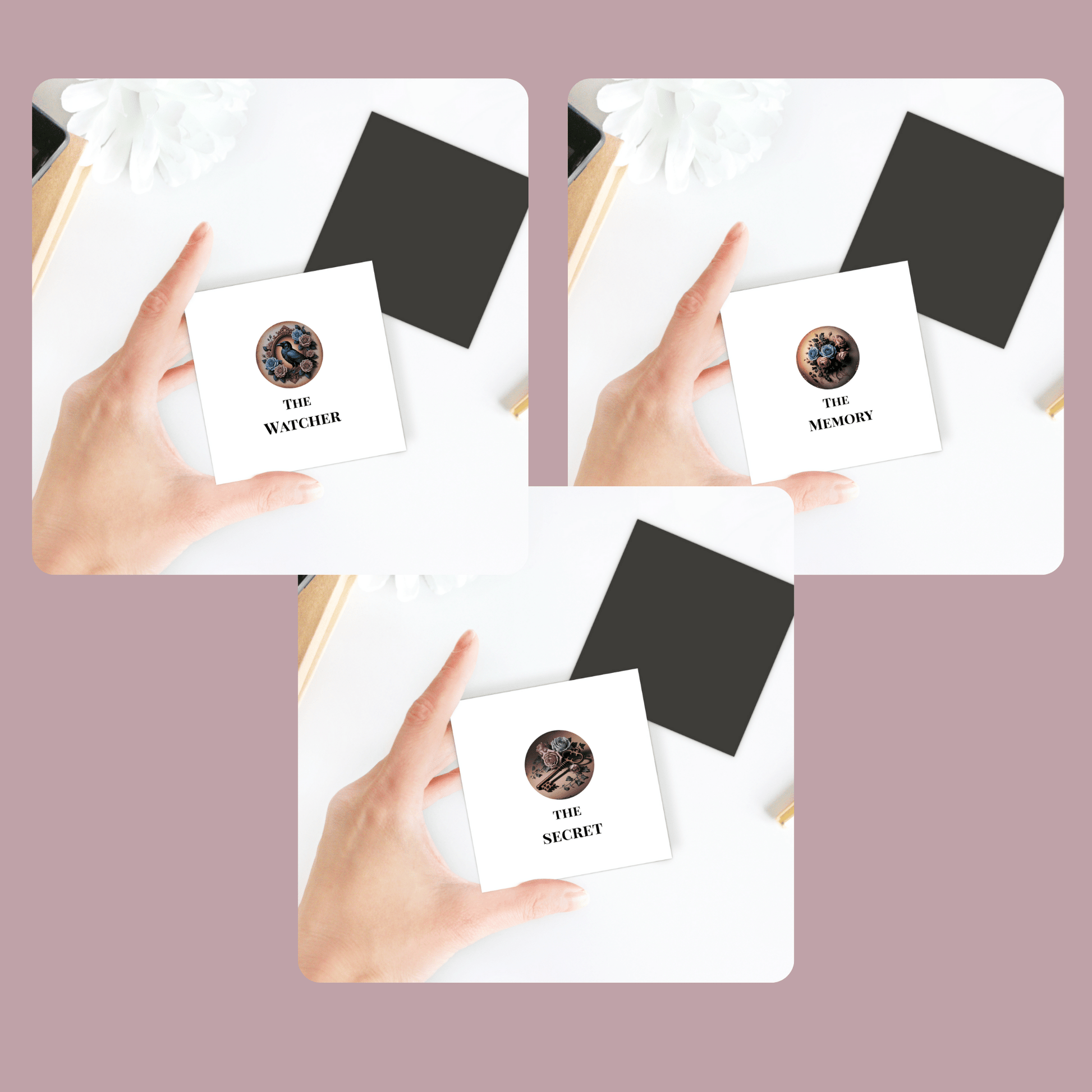 A hand displays three white magnets from the Dead Regency Trio Magnet Set by Mirabilia Boutique—labeled “The Watcher,” “The Memory,” and “The Secret”—with black envelopes and a flower on a pink background, ideal for gothic vintage decor.