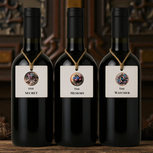 The Mirabilia Boutique Gothic Wine Bottle Tags – Dead Regency Set of 6 feature designs like "The Secret," "The Memory," and "The Watcher," each with vibrant florals, ideal for adding a gothic touch to wedding or event decor.