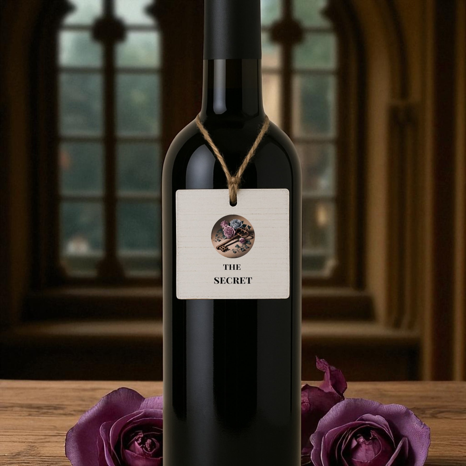 A dark wine bottle featuring a "The Secret" tag from Mirabilia Boutique's Gothic Wine Bottle Tags – Dead Regency Set of 6 is accented by purple roses and a blurred arched window, creating striking gothic wedding decor.