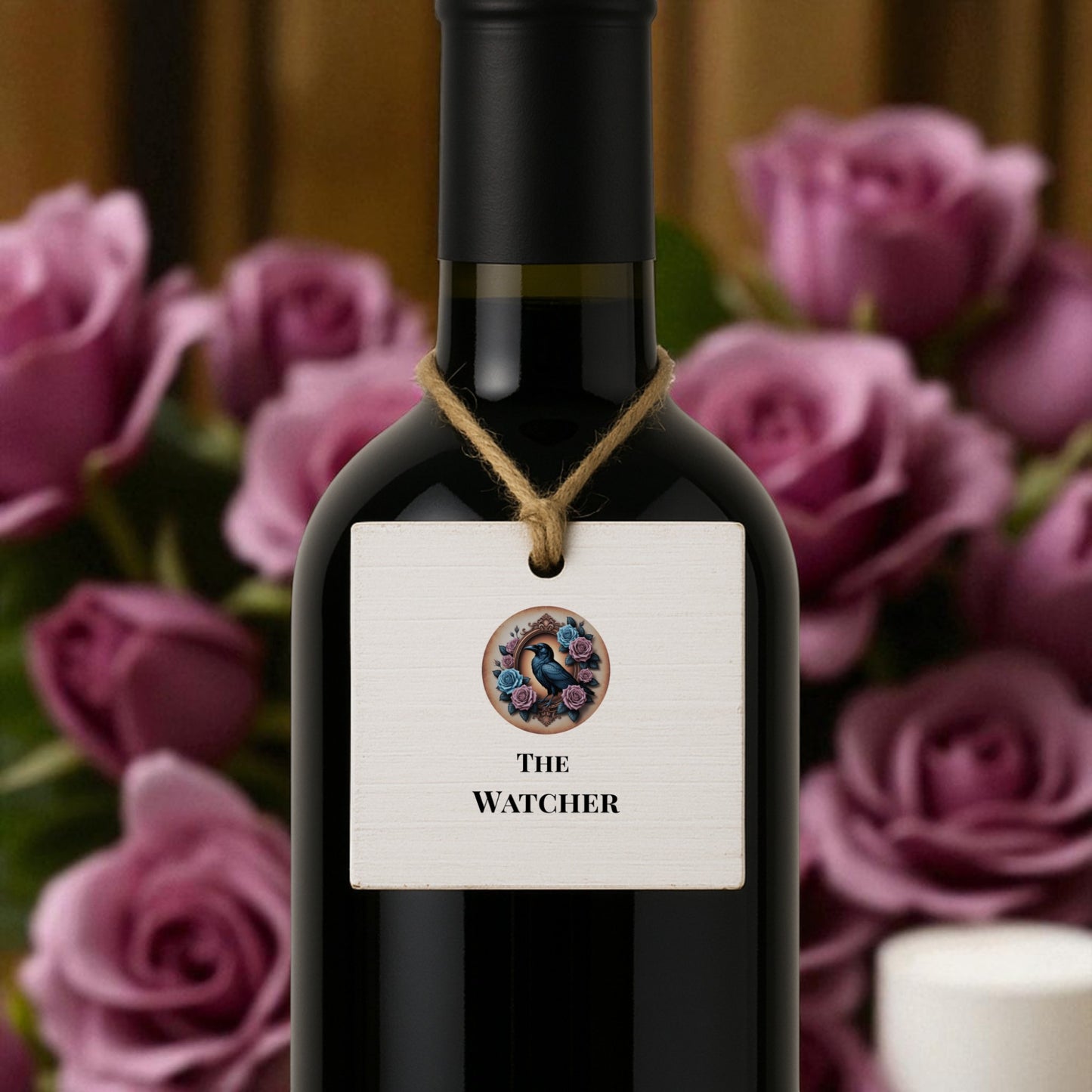 Mirabilia Boutique’s Gothic Wine Bottle Tags—Dead Regency Set of 6—feature “THE WATCHER” with a floral motif, shown on a wine bottle before purple roses. Ideal for dramatic gothic wedding décor.