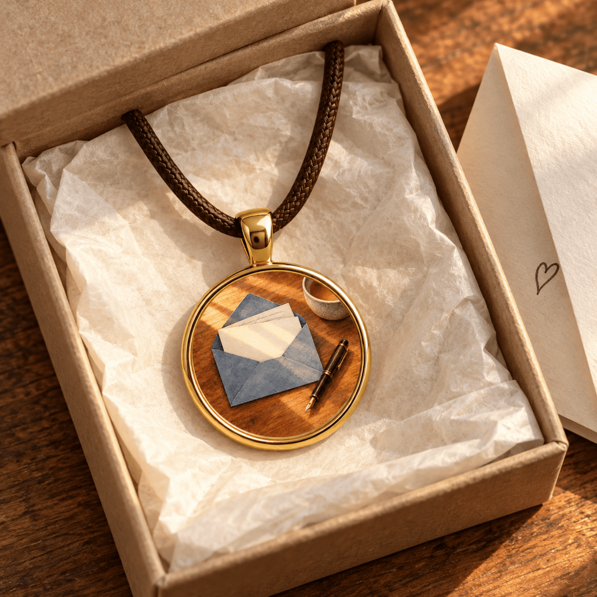 A gold-rimmed Note to a Dear Friend | Story Pendant Necklace on a braided brown cord, featuring a circular inlay of an envelope, a fountain pen, and a cup, presented in an open gift box with a note card.