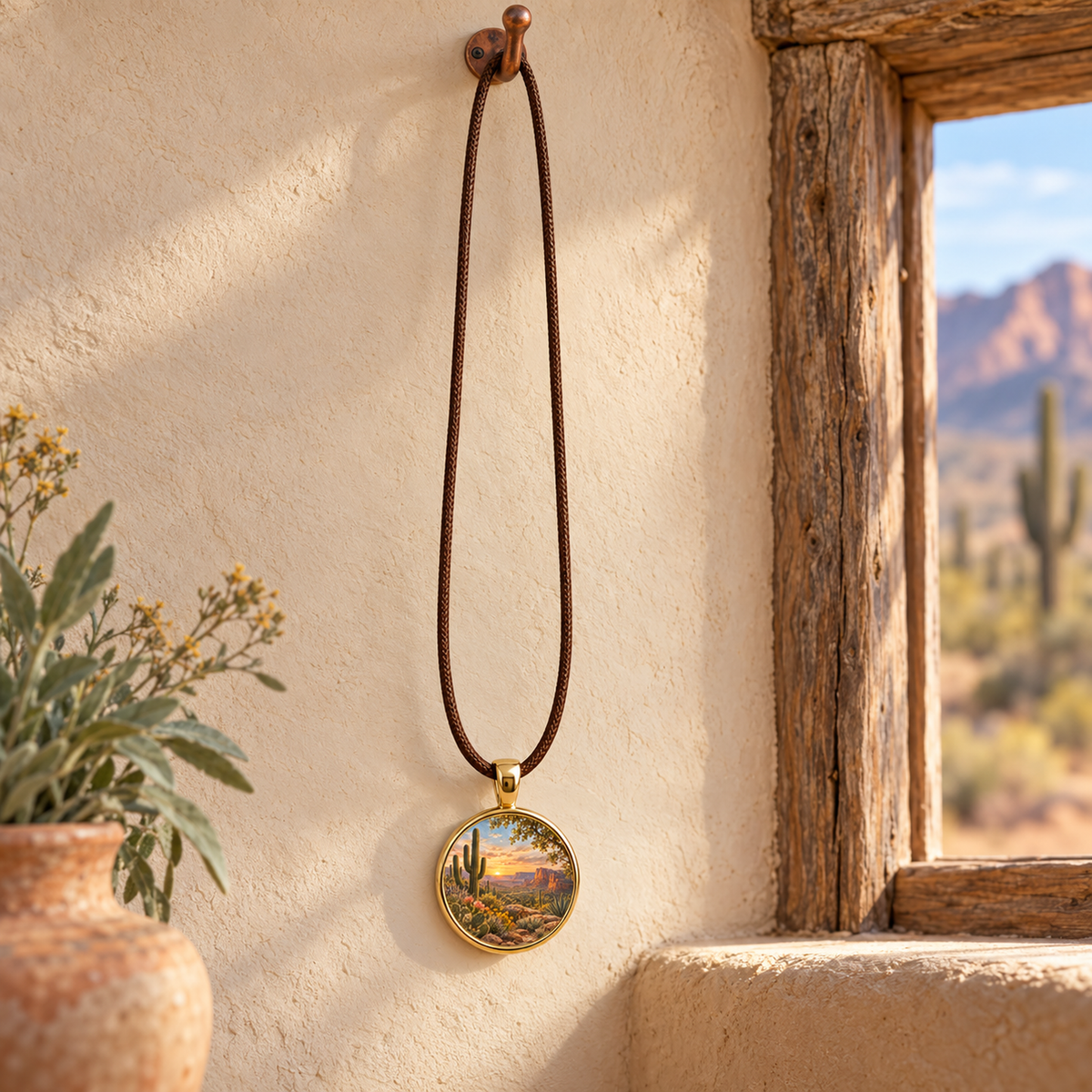 The Desert Benediction | Story Pendant by Mirabilia Boutique hangs on a brown cord by the window, sunlight catching its golden landscape. Cacti and a rustic clay vase with green foliage sit nearby.