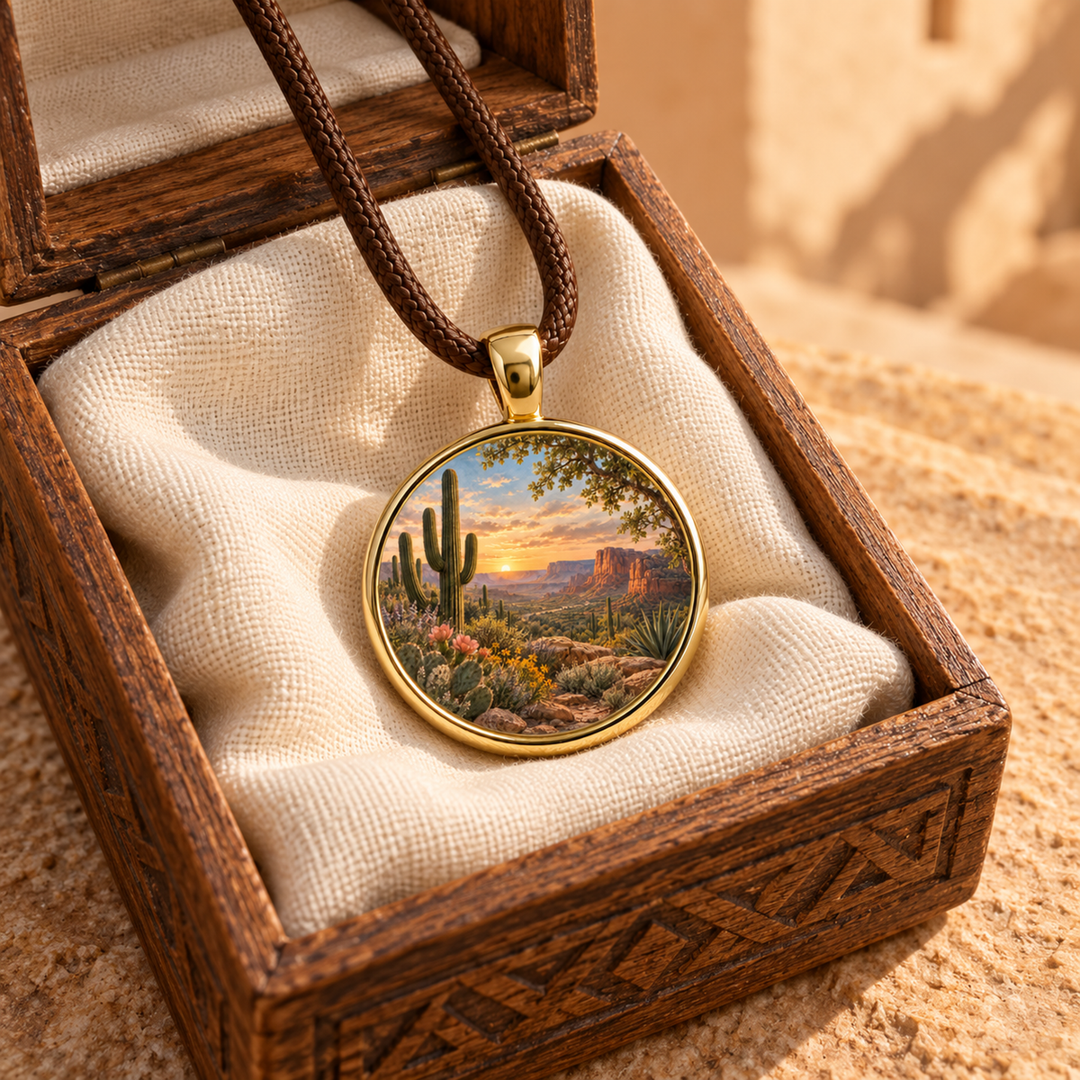 The Desert Benediction | Story Pendant by Mirabilia Boutique features a gold necklace with a painted desert landscape, nestled in a cushioned, carved wooden box.