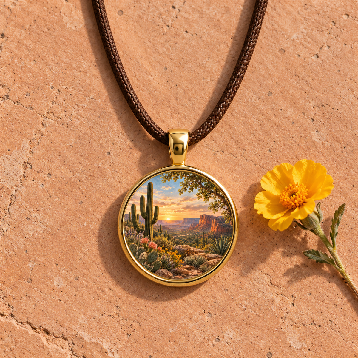 The Desert Benediction | Story Pendant by Mirabilia Boutique, featuring a hand-painted desert sunset with cacti and wildflowers, rests on a textured tan surface beside a yellow flower.
