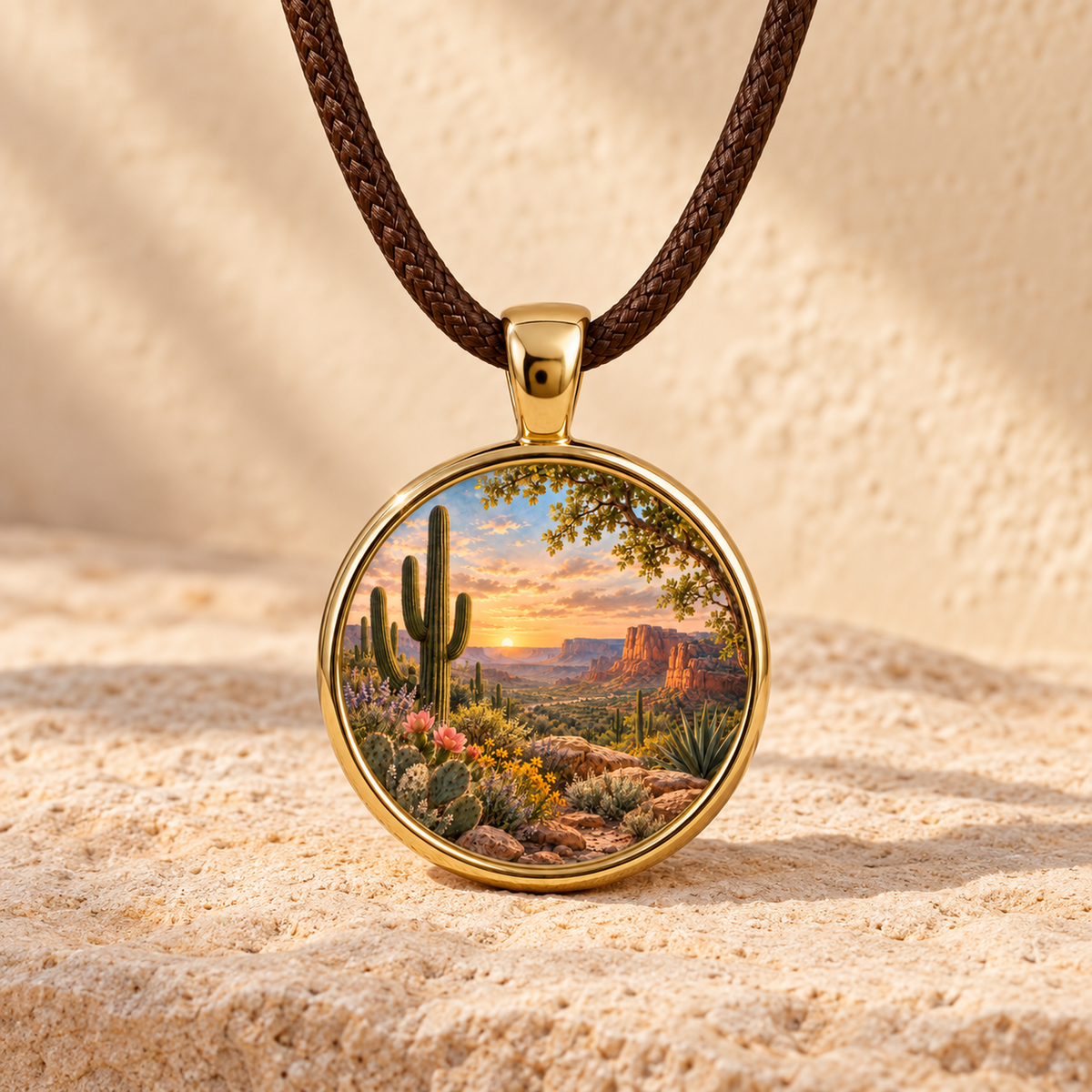 A gold pendant, Desert Benediction | Story Pendant by Mirabilia Boutique, features cacti, wildflowers, and mesas at sunset—a miniature desert landscape necklace.
