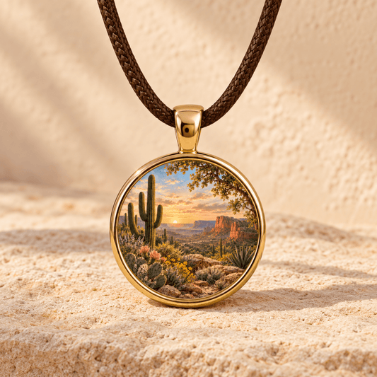 A gold pendant, Desert Benediction | Story Pendant by Mirabilia Boutique, features cacti, wildflowers, and mesas at sunset—a miniature desert landscape necklace.