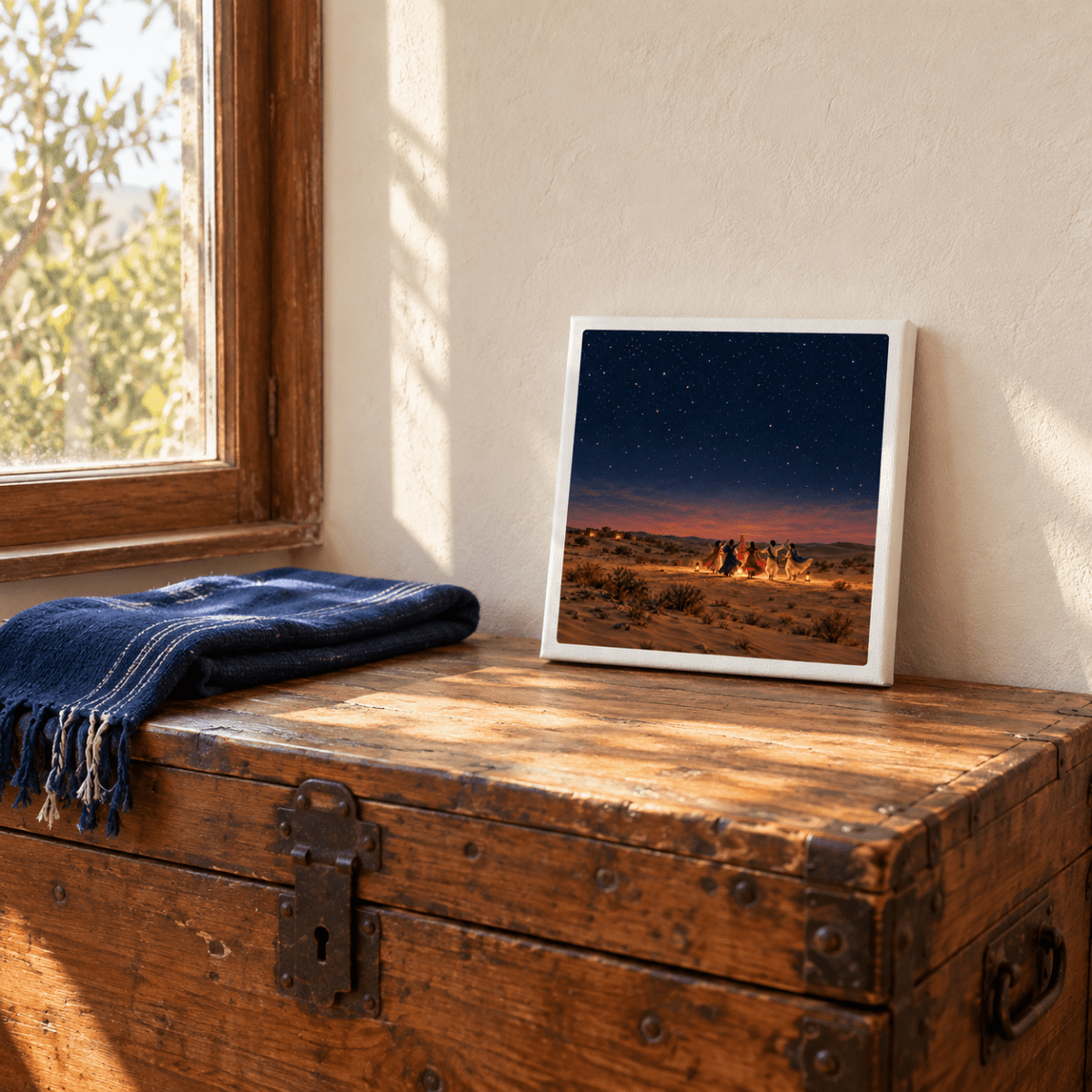 The Night We Danced Canvas | Sand & Saffron square gallery-wrapped print showing people dancing around a campfire in the desert under a starry night sky, displayed on a wooden chest.
