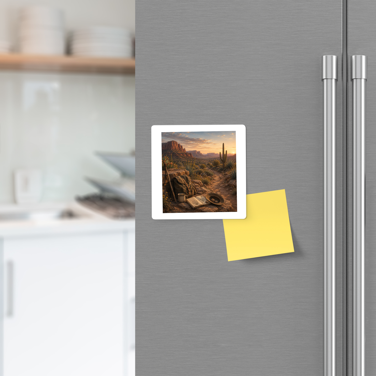 The A Place to Rest Desert Magnet | Sage & Stone by Mirabilia Boutique holds a yellow sticky note on a stainless steel fridge, with white kitchen shelves and dishes in the background.
