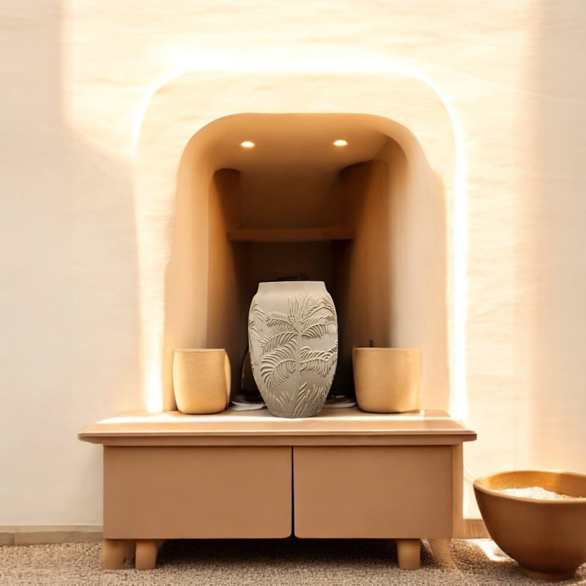 A beige sideboard displays the Mirabilia Boutique Sand Palm Desert Vase for Summer Decor with a leaf pattern, flanked by two small matte sand vases, set in a softly lit alcove with curved edges and a bowl on the right.
