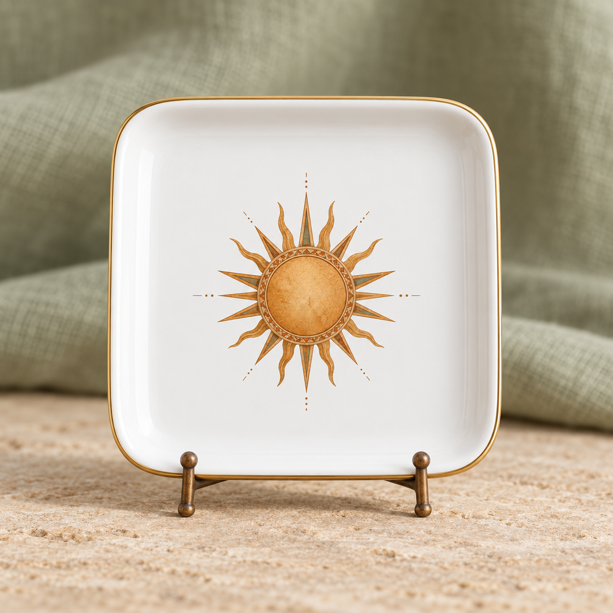 The Desert Sun Jewelry Tray | Sage & Stone by Mirabilia Boutique is a square white tray with a gold sun design, displayed on a stand against textured green fabric and a beige surface.