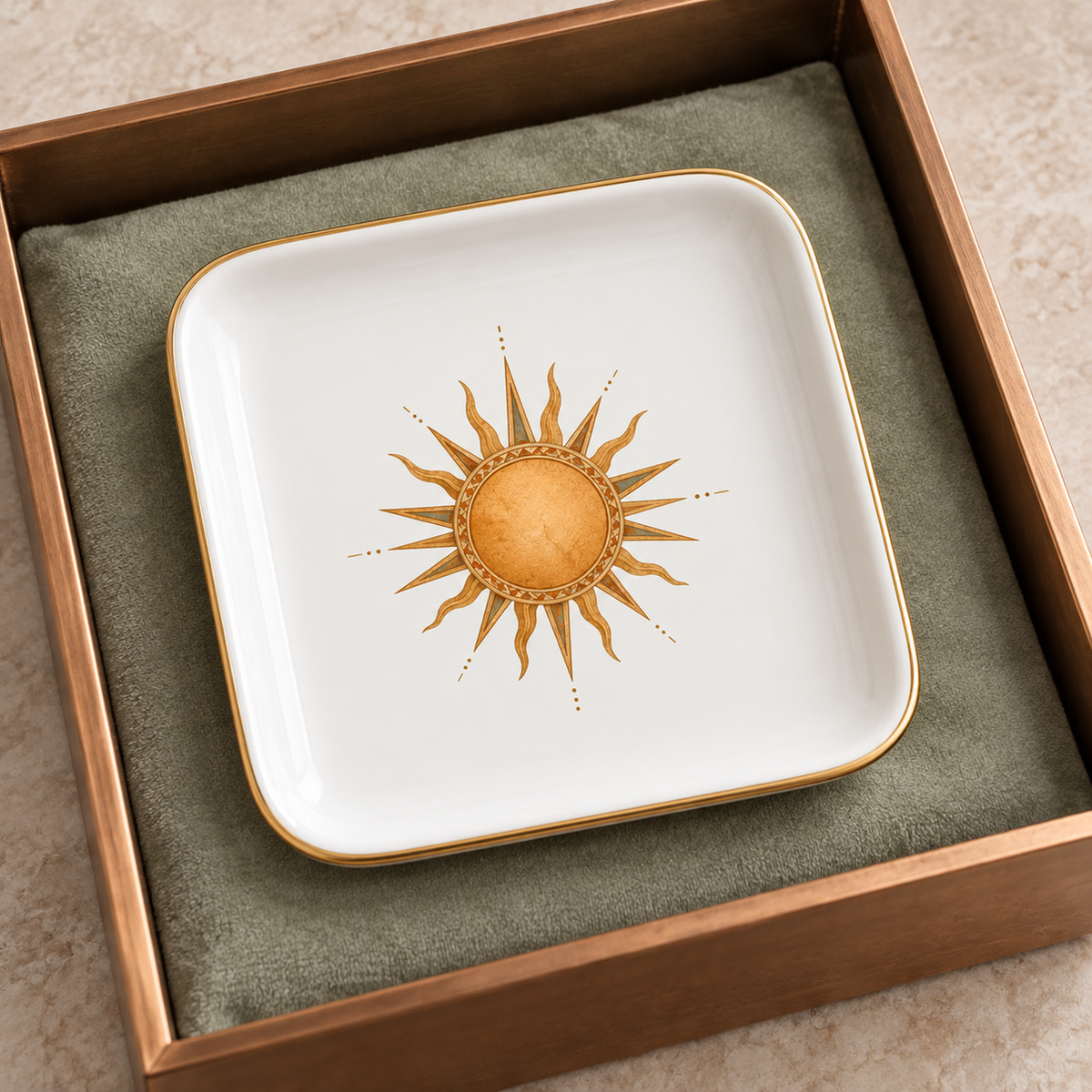 The Desert Sun Jewelry Tray | Sage & Stone by Mirabilia Boutique features a white square design with a sun illustration and gold rim, displayed on green cloth in a brown box.
