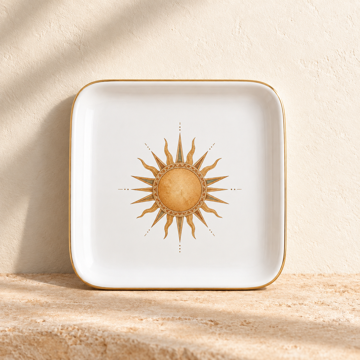 The Desert Sun Jewelry Tray | Sage & Stone by Mirabilia Boutique is a white tray with a gold-colored rim and sun illustration, displayed on a textured beige surface against a matching wall.