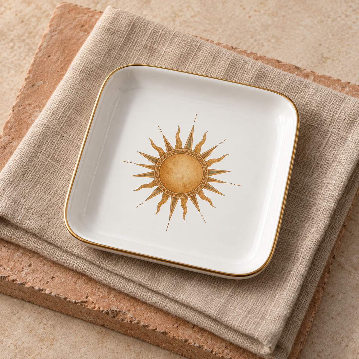 The Desert Sun Jewelry Tray | Sage & Stone by Mirabilia Boutique, a square white tray with a gold sun design, sits on folded beige linen napkins atop a textured surface.