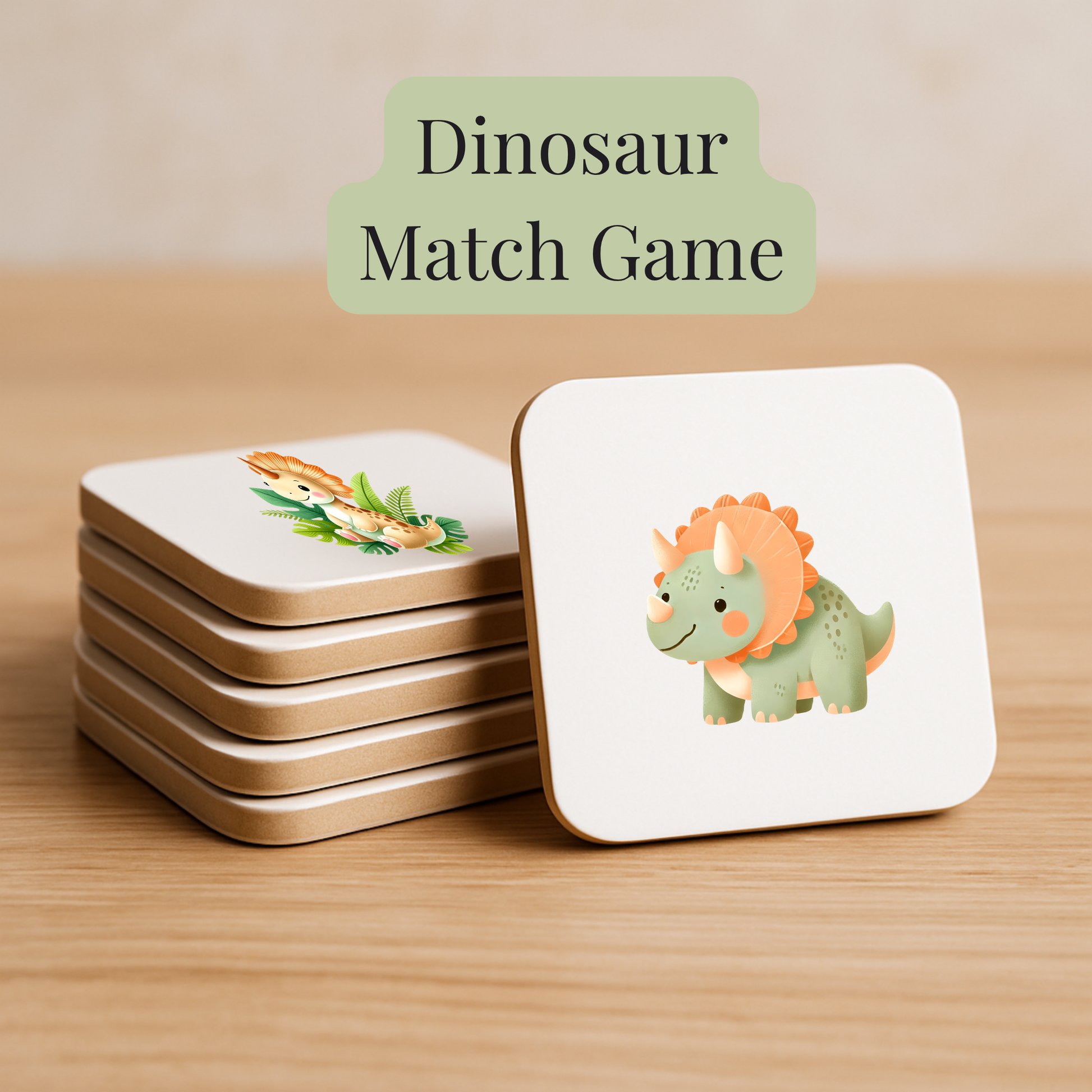 A stack of square cards on wood, topped with a cute cartoon triceratops. Above: "Dinosaur Match Game | Kids Memory Game" by Mirabilia Boutique—a fun and educational memory game for kids.