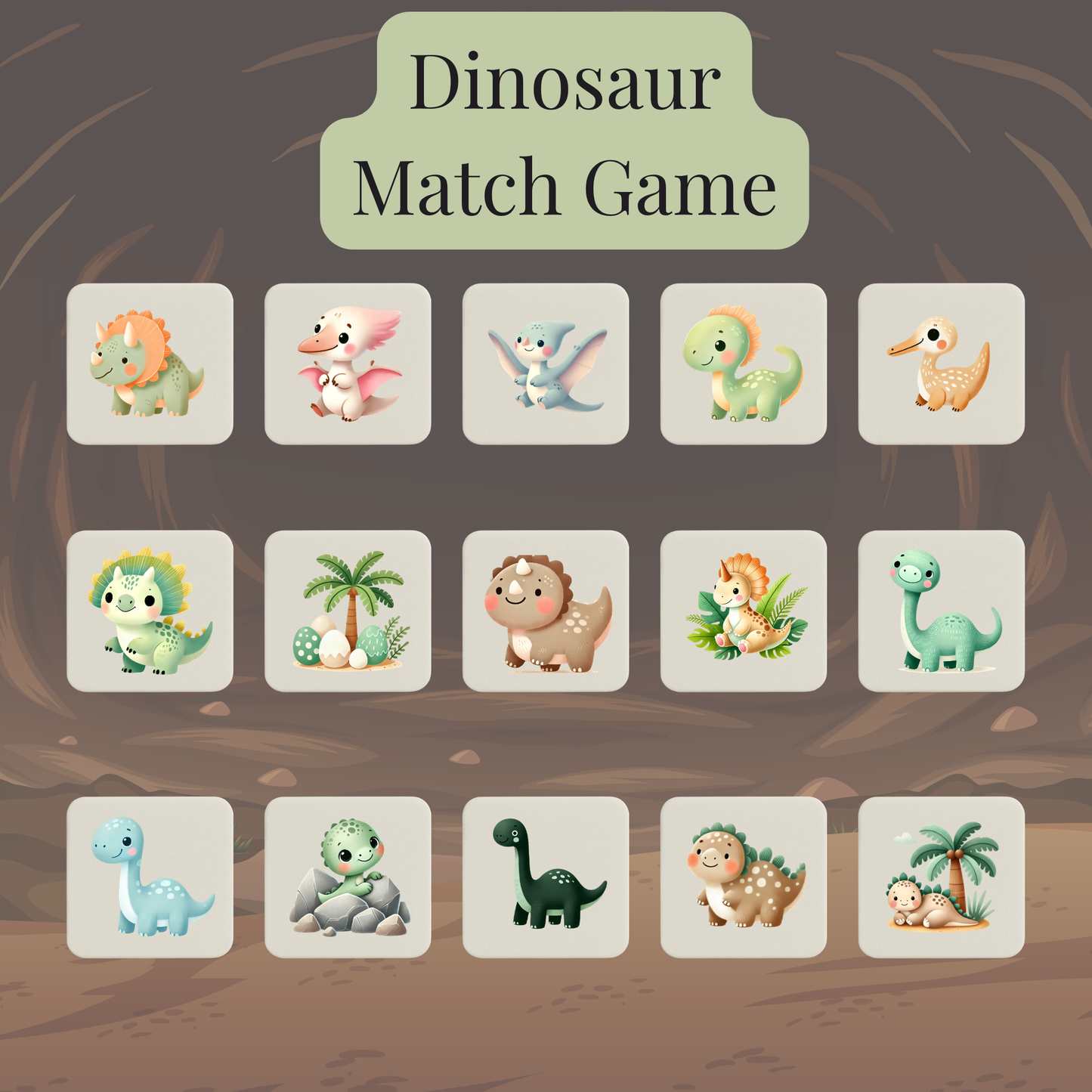 The Dinosaur Match Game | Kids Memory Game by Mirabilia Boutique features 15 unique cartoon dino tiles with cave backgrounds—a fun and challenging memory game to entertain young minds.