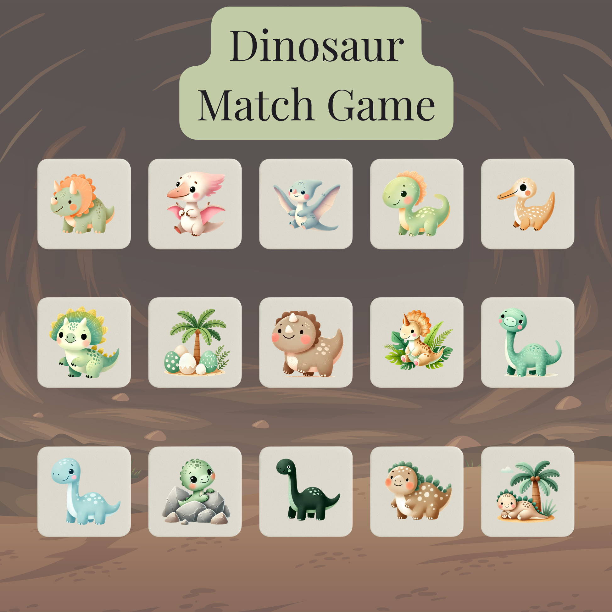 The Dinosaur Match Game | Kids Memory Game by Mirabilia Boutique features 15 unique cartoon dino tiles with cave backgrounds—a fun and challenging memory game to entertain young minds.