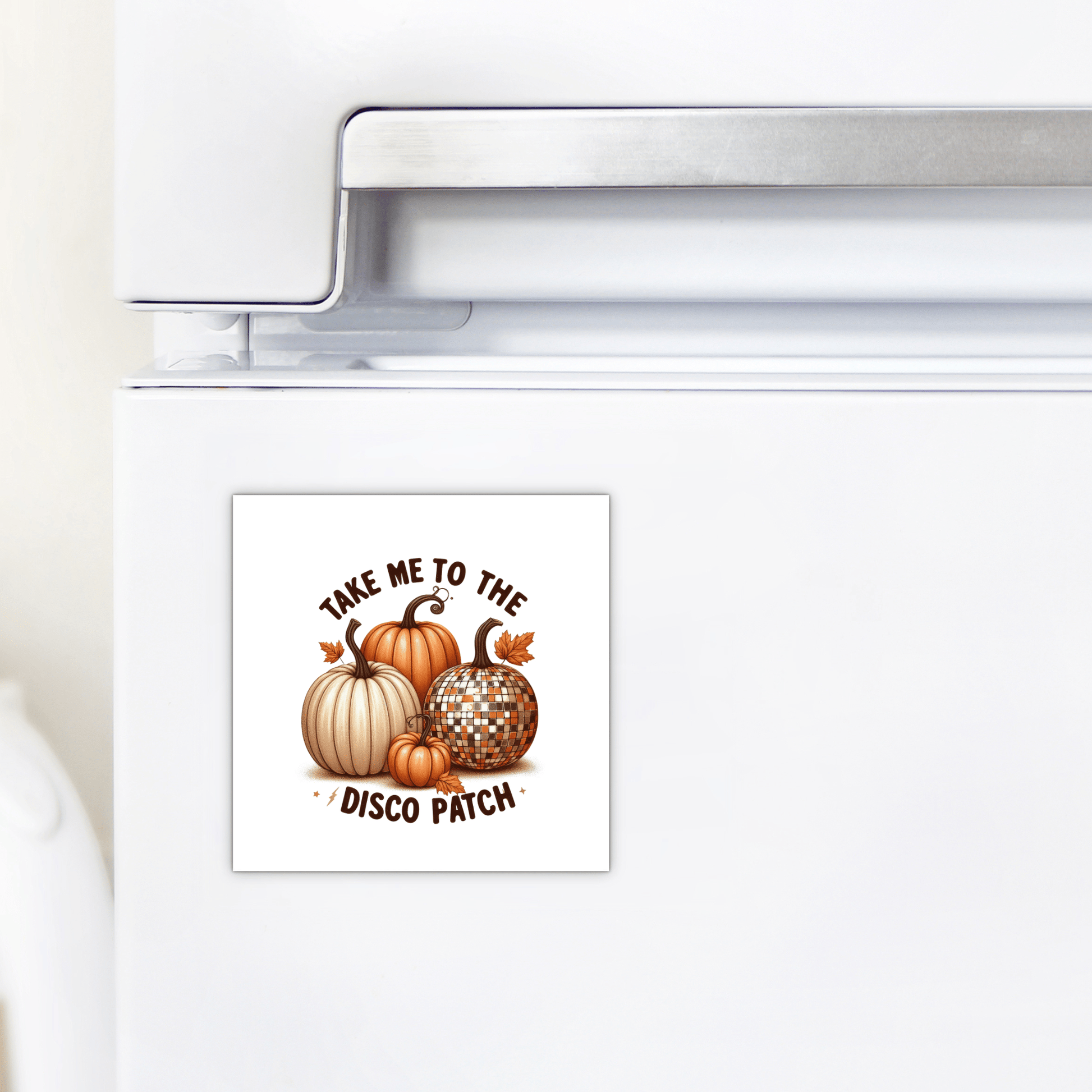 Add retro flair to your fridge this fall with the Disco Patch Pumpkin Magnet by Mirabilia Boutique, featuring three pumpkins, a disco ball pumpkin, and "Take me to the disco patch" text—perfect for funky autumn decor.