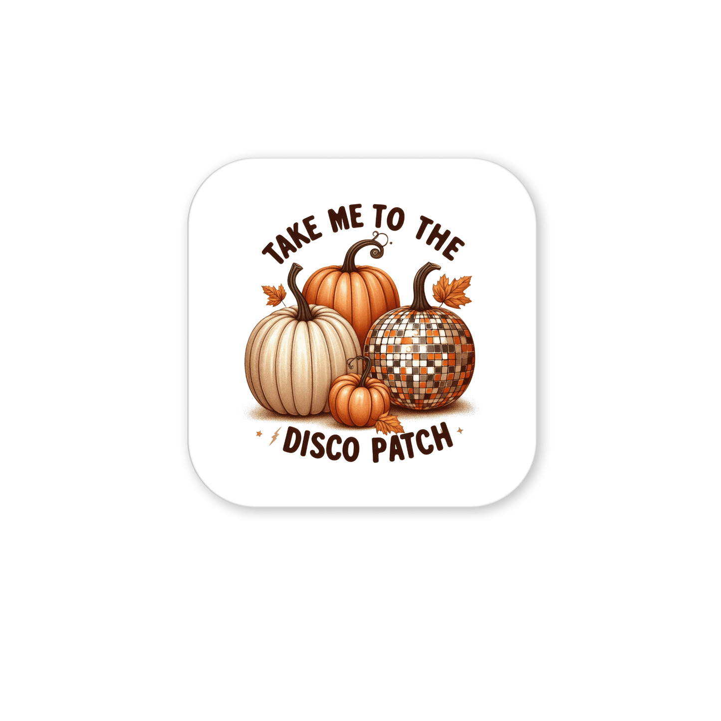 The Disco Patch Pumpkin Magnet from Mirabilia Boutique features three pumpkins, including a dazzling disco pumpkin. With "Take me to the disco patch" text, it’s perfect retro-inspired fall fridge decor for autumn enthusiasts!.