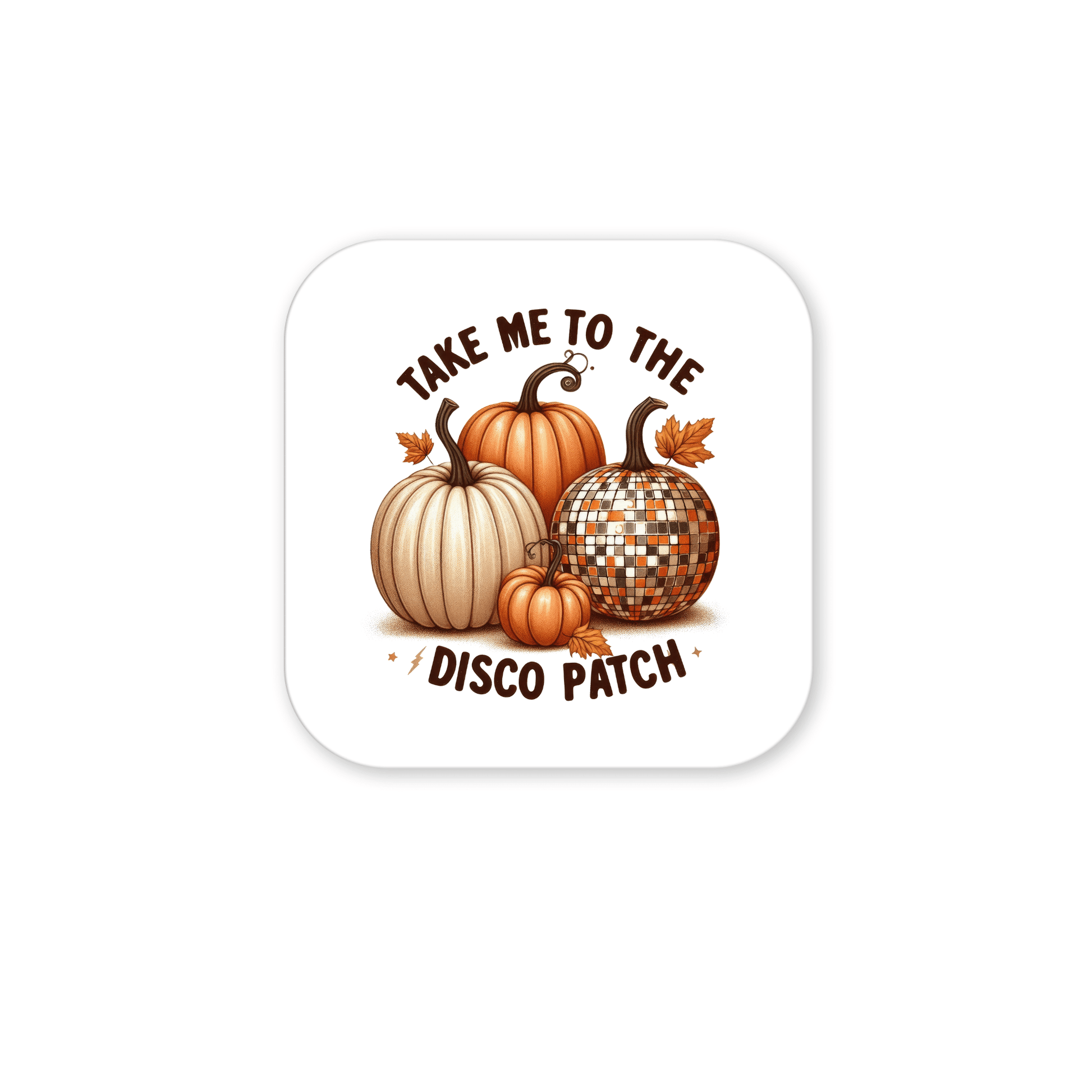 The Disco Patch Pumpkin Magnet from Mirabilia Boutique features three pumpkins, including a dazzling disco pumpkin. With "Take me to the disco patch" text, it’s perfect retro-inspired fall fridge decor for autumn enthusiasts!.