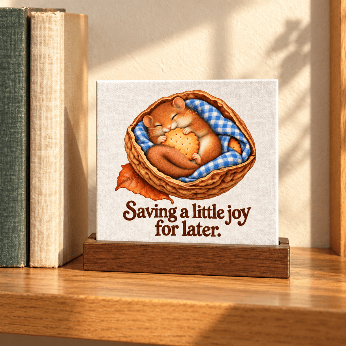 A Saving a Little Joy Mini Sign featuring a small square canvas in a wooden stand, showing a sleeping dormouse inside a walnut shell holding a round cracker with the text “Saving a little joy for later.”