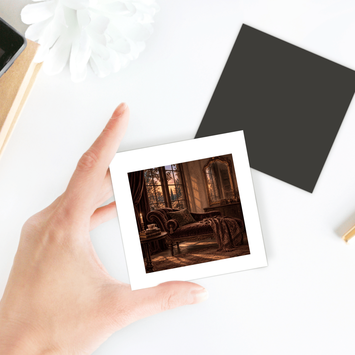 A hand displays a square photo of a cozy, vintage-style room with a chaise lounge, candle, and window. On the desk nearby are a dark square card and a white flower, artfully arranged alongside the Mirabilia Boutique “The Room That Waited Magnet | Velvet Ruins”—an inviting small gift or charming memento.