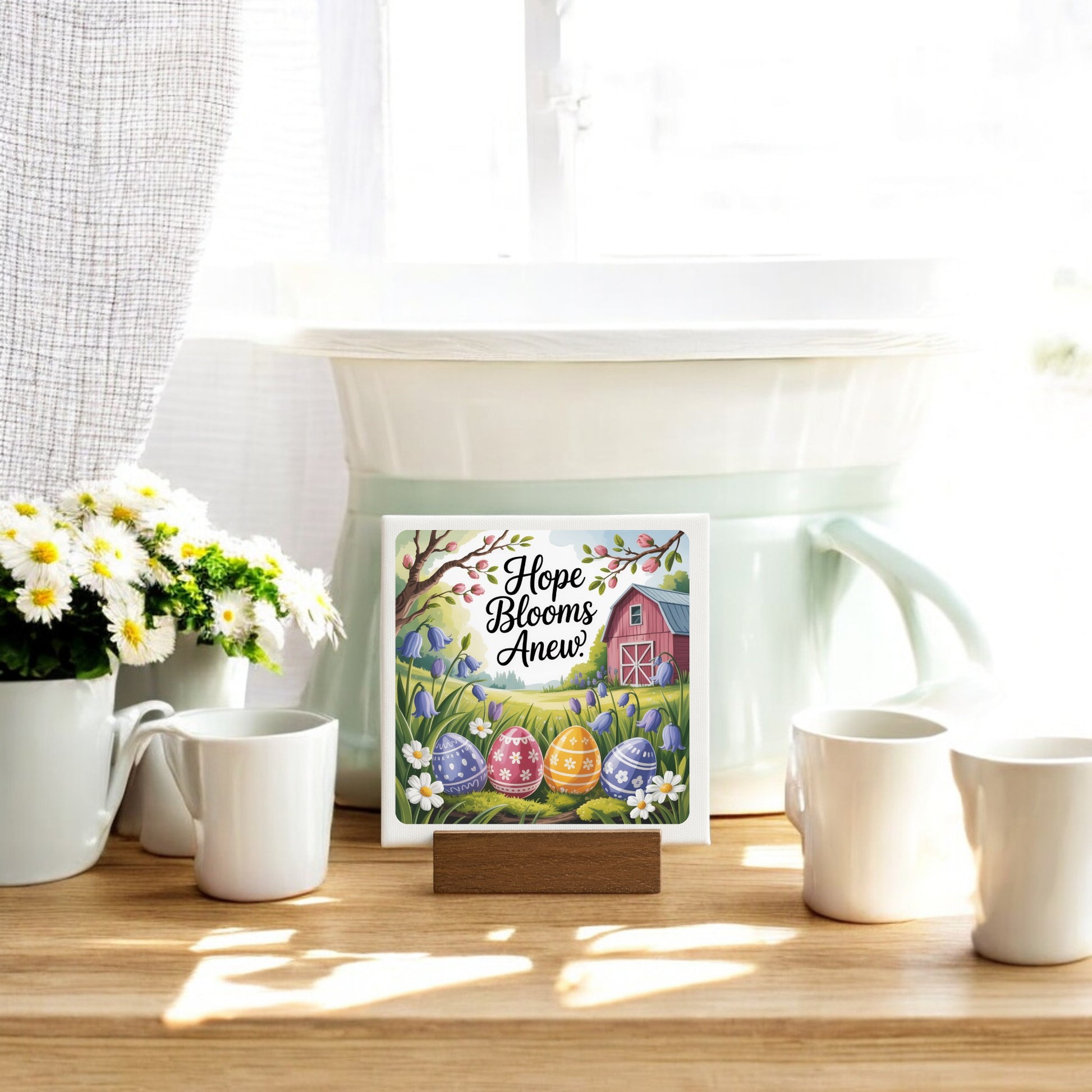 The Hope Blooms Anew Mini Canvas – 4x4 Spring Sign by Mirabilia Boutique, with Easter eggs, flowers, and a barn, brightens your kitchen counter—perfect Easter decor to refresh your home with spring vibes.