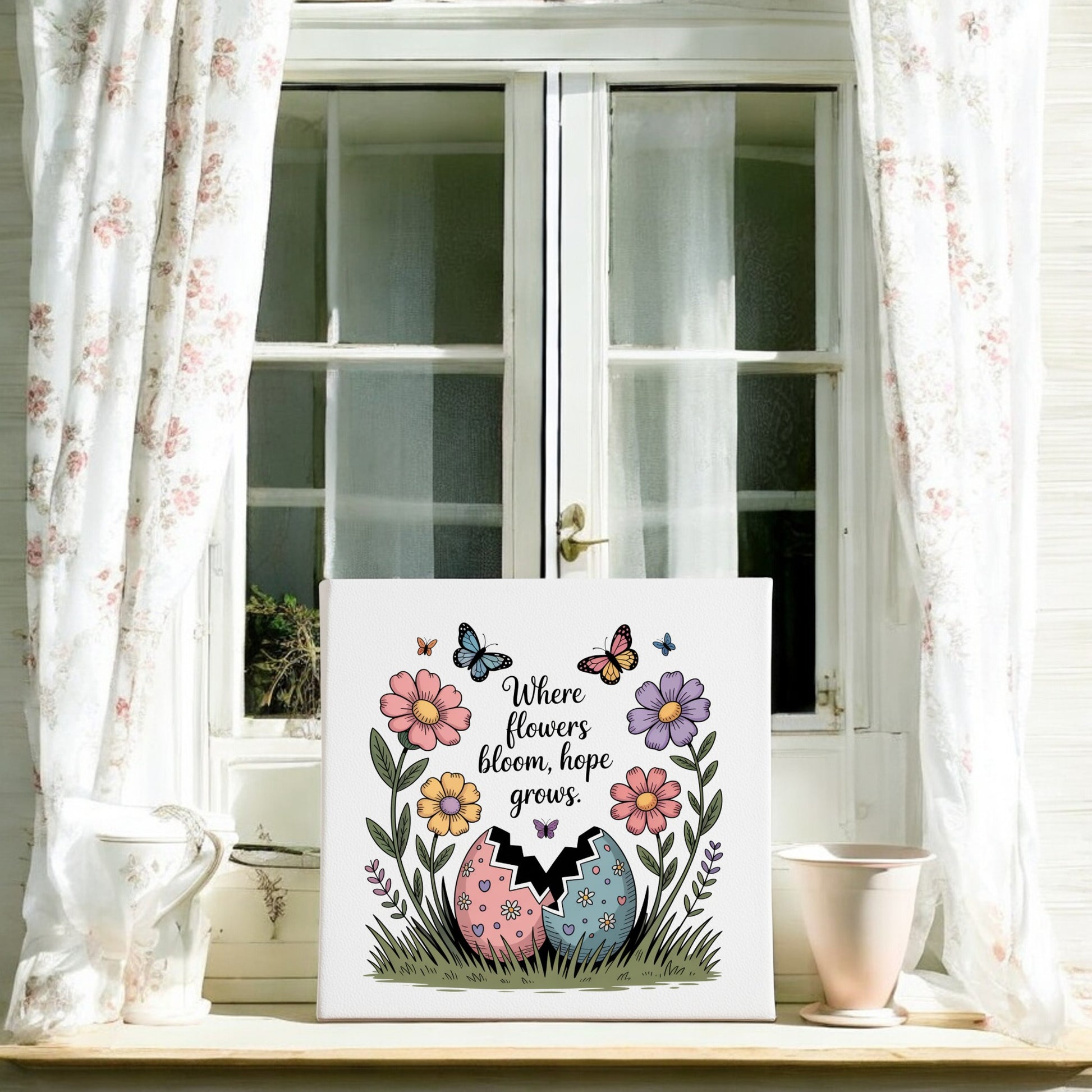 A window with floral curtains frames a white sill holding a vase, a pitcher, and the Mirabilia Boutique “Where Flowers Bloom, Hope Grows” 8x8 Spring Canvas—Easter sign adorned with flowers, butterflies, and an egg to brighten your spring decor.
