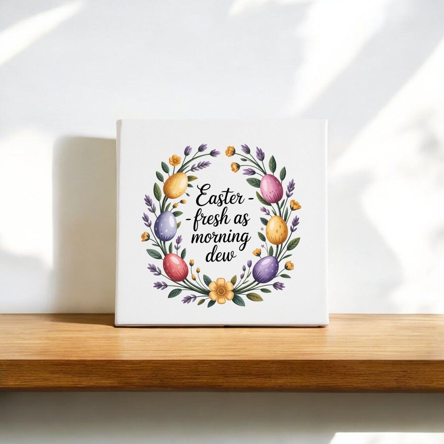 The Mirabilia Boutique Easter Morning Dew Floral Egg Canvas Art features a square design with a wreath of colorful eggs and flowers and the phrase "Easter fresh as morning dew"—a perfect spring accent for your home shelf.
