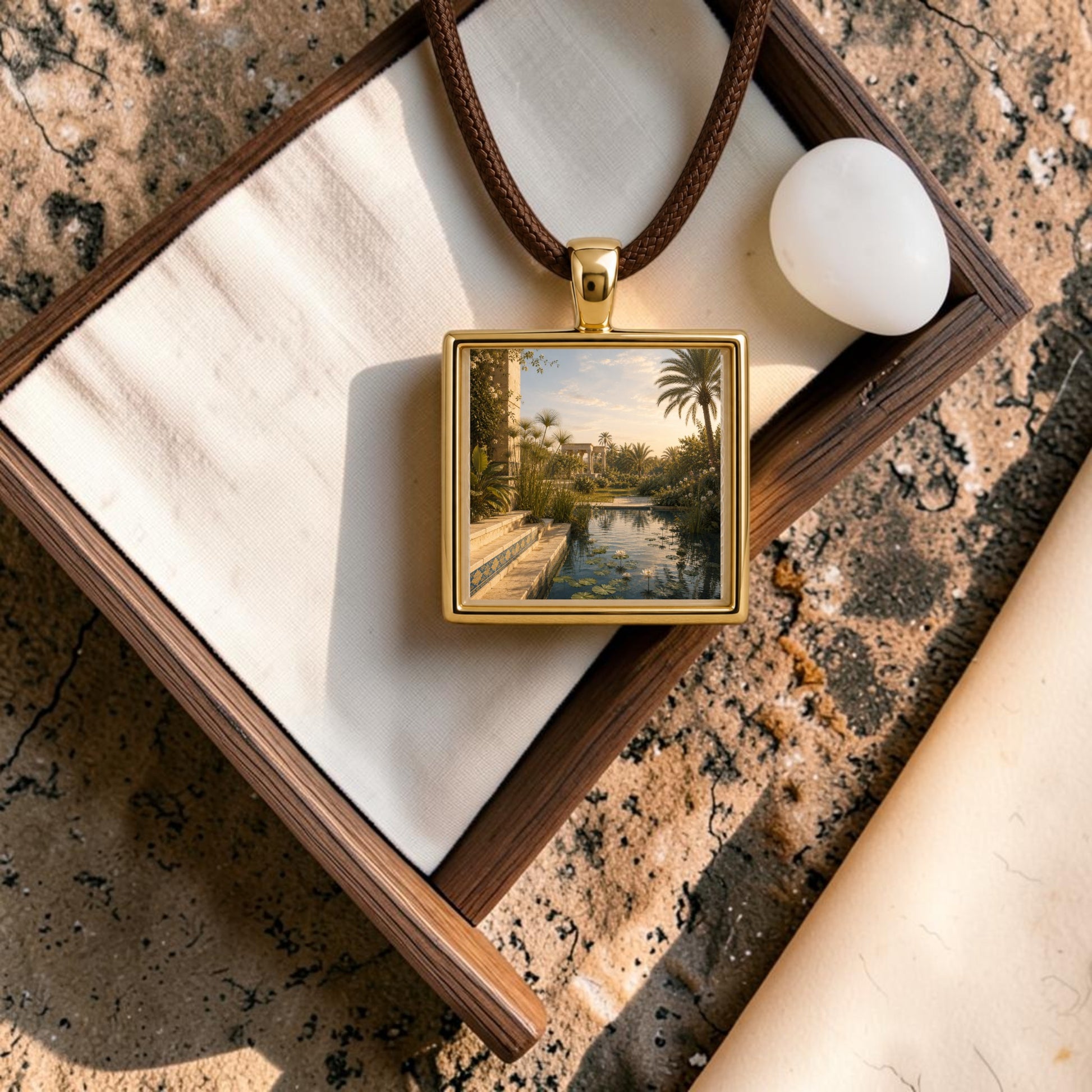 The Garden of Still Waters | Scene Pendant by Mirabilia Boutique, a gold square necklace featuring a palm tree scene inspired by Egyptian jewelry, rests on a brown box lined with white fabric. This exquisite piece of miniature wearable art is displayed alongside a smooth white stone atop the box, all set on a textured stone surface.