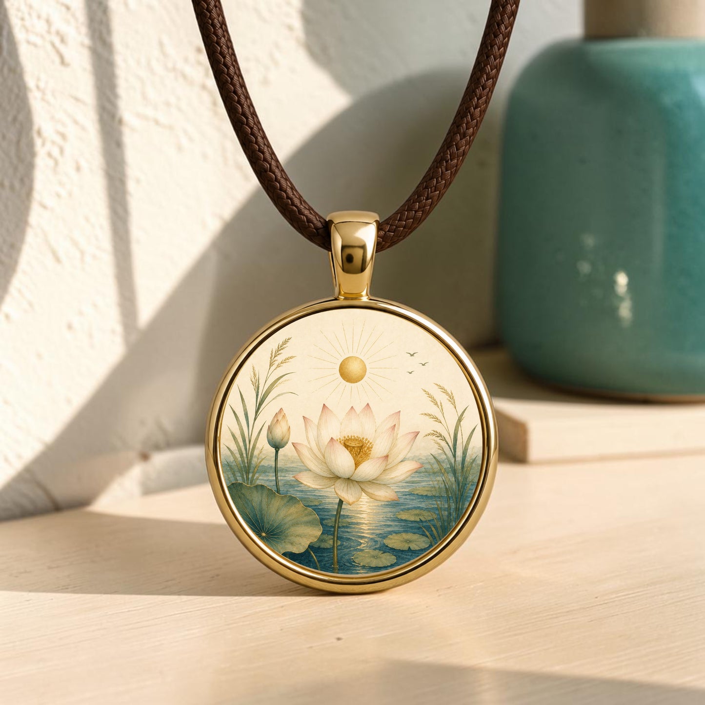 The Becoming | Story Pendant Necklace by Mirabilia Boutique features a gold-rimmed pendant on a brown cord, adorned with an illustration of a blooming lotus flower, lily pad, and sun in soft green and blue tones. This stunning botanical jewelry piece is beautifully complemented by the blurred shape of a teal vase in the background.