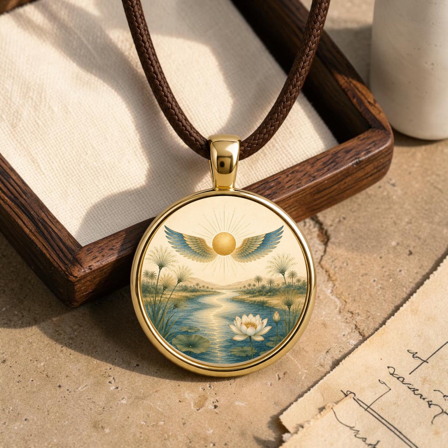 The Guidance | Story Pendant Necklace by Mirabilia Boutique features an illustration of a lotus flower on water, highlighted by a golden sun and blue wings. Presented on a beige cloth inside an elegant wooden box, this pendant comes with a brown cord and accompanying papers nearby, making it a meaningful addition to any jewelry collection.