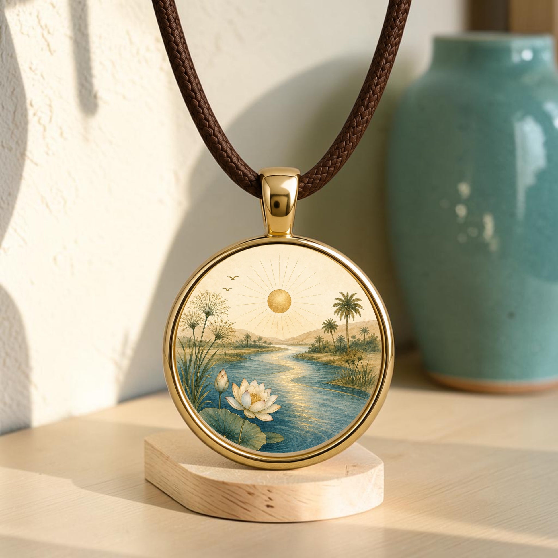 The Trust the Journey | Story Pendant Necklace from Mirabilia Boutique features an exquisite gold pendant depicting a Nile landscape with a river, palm trees, lotus flowers, and the sun. Hanging from a brown cord and displayed on a wooden stand beside a green vase, this wearable art beautifully captures nature’s serenity.