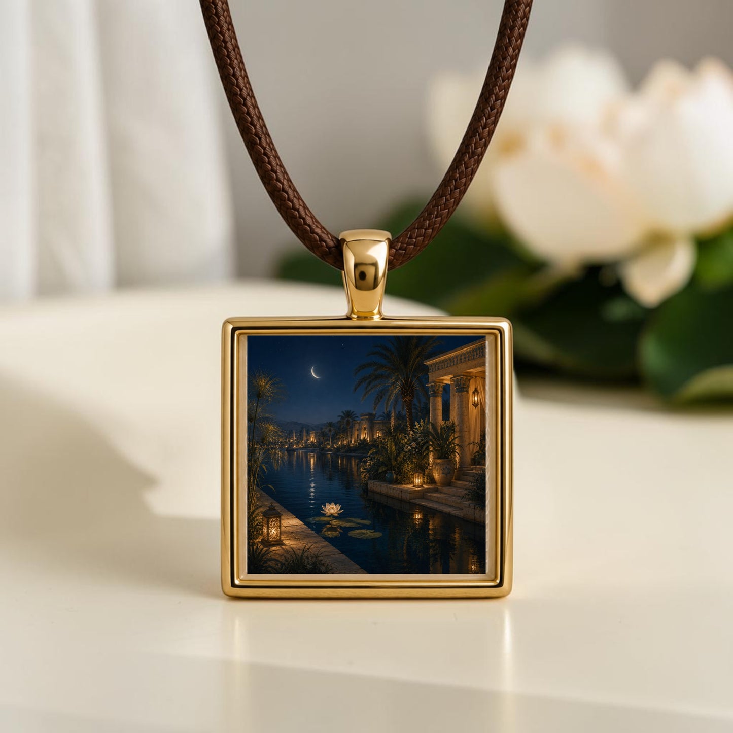 The Lotus After Dark | Scene Pendant Necklace by Mirabilia Boutique features a gold square pendant on a brown cord, adorned with a detailed night scene of a moonlit canal, palm trees, and an illuminated building. Resting on a light surface near a white flower, this unique piece is wearable art—ideal for anyone who values intricately crafted jewelry.