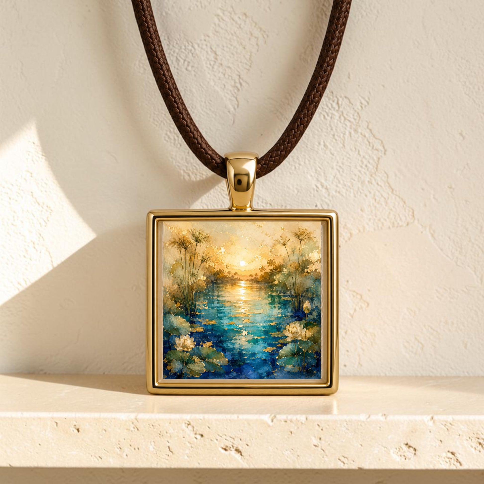 The Nile Light | Scene Pendant Necklace from Mirabilia Boutique showcases artwork of a serene pond with water lilies, tall grasses, and a glowing sunset on a gold square pendant, displayed against a textured cream wall.