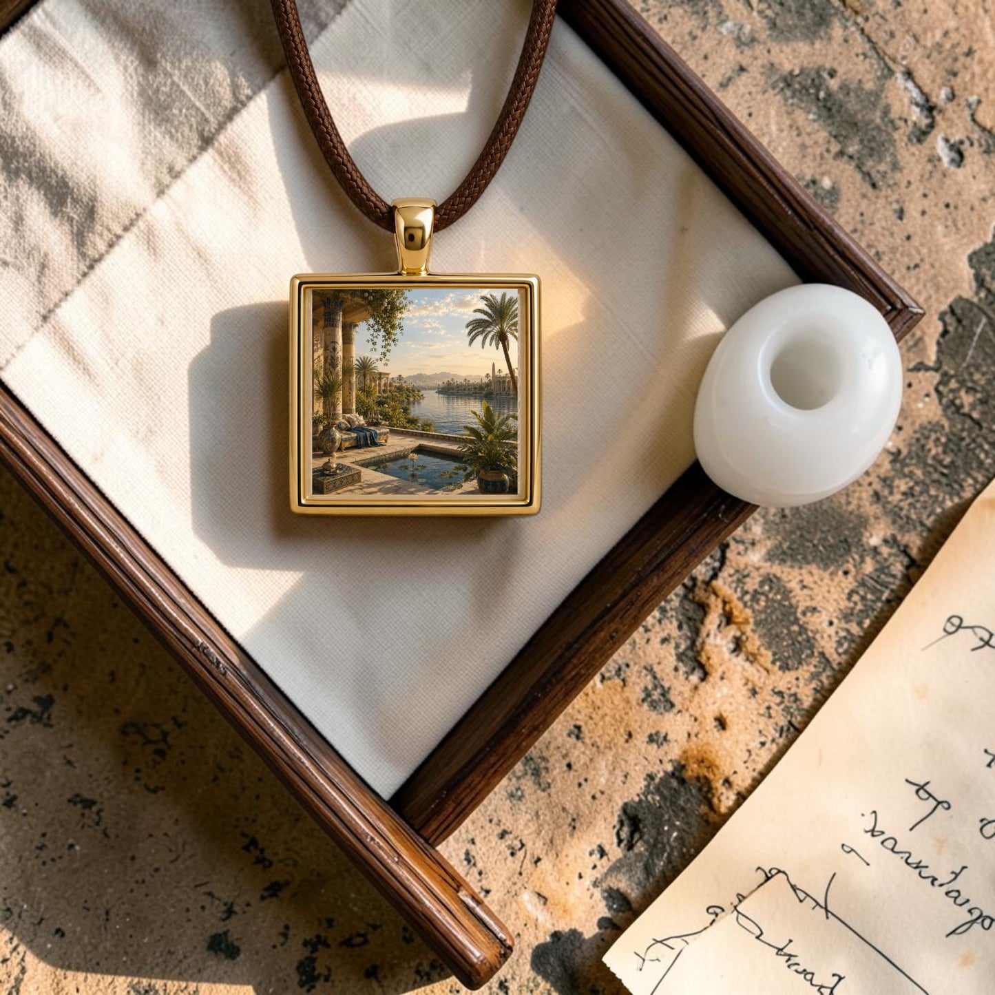 The View of the Nile | Scene Pendant Necklace by Mirabilia Boutique features a gold-framed miniature landscape artwork on a brown cord, displayed in a wooden box lined with fabric, alongside a white stone and handwritten letter, all arranged on a textured surface and illuminated by natural sunlight.