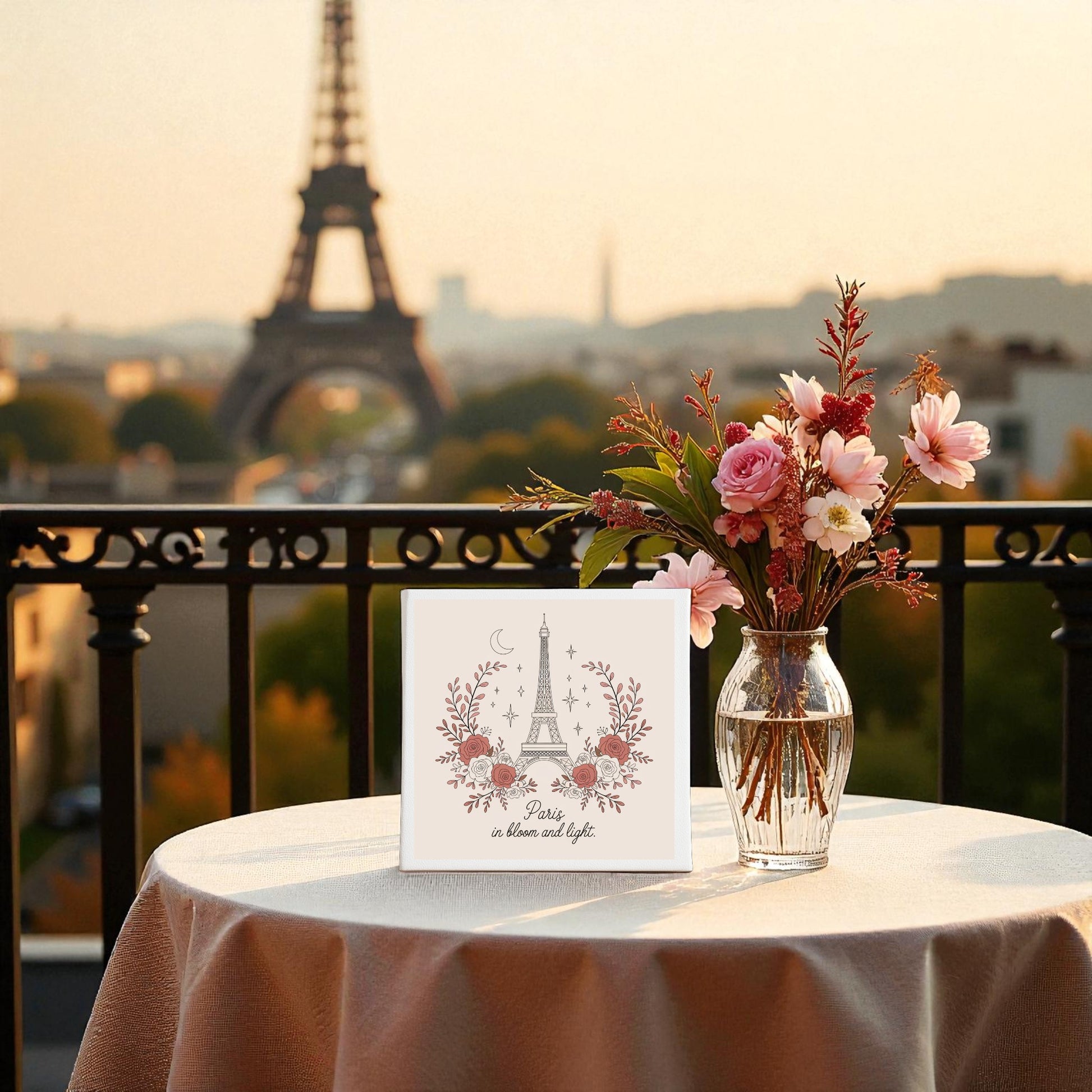 The Paris in Bloom and Light Canvas – Rosy Eiffel Tower Art by Mirabilia Boutique brings romance to your space, featuring a glowing Eiffel Tower at sunset—a dreamy addition to any home decor.
