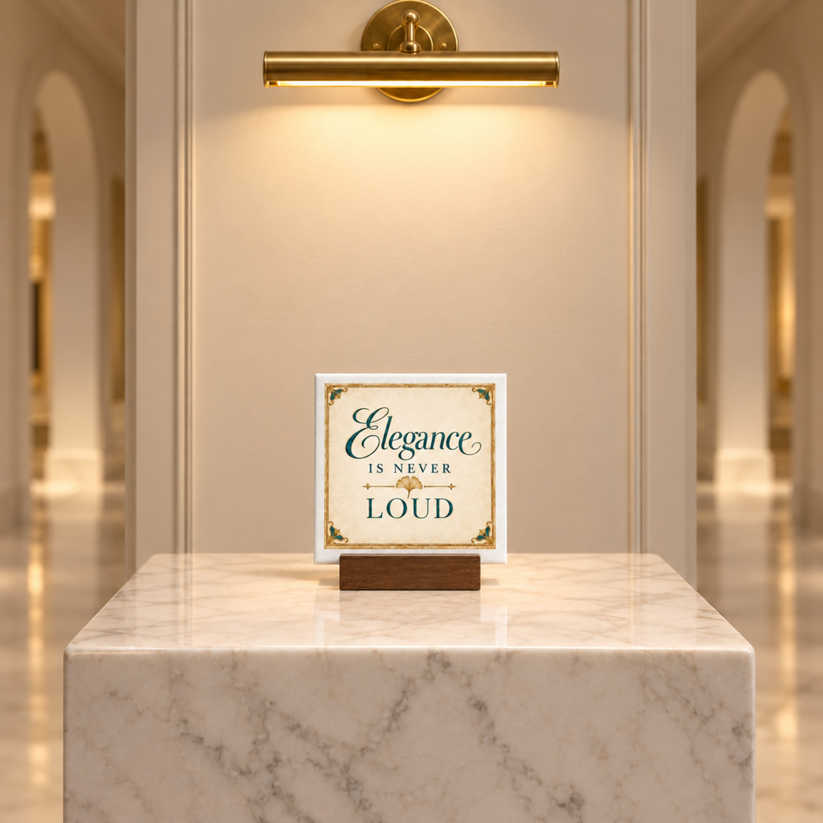 A 4 × 4 mini sign from Mirabilia Boutique, reading “Elegance Is Never Loud,” sits atop a marble pedestal, softly illuminated by a brass wall light in a sophisticated hallway—a true reflection of refined taste and elegant home décor from the Gilded Reverie collection.