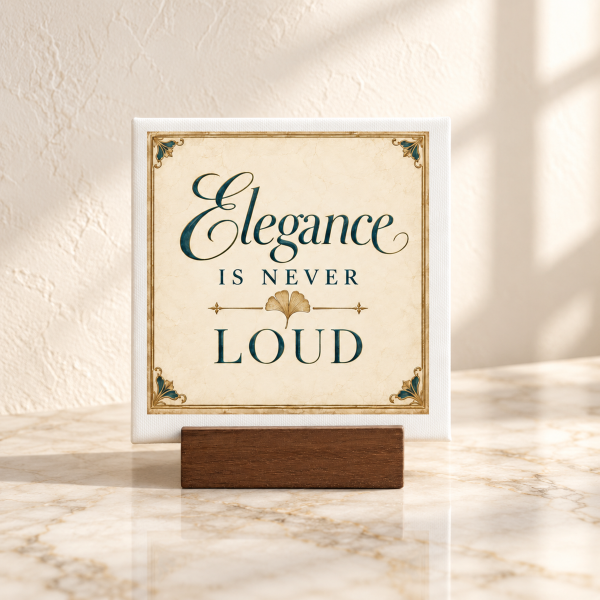 A 4 × 4 mini sign from Mirabilia Boutique rests on a marble surface, featuring the phrase “Elegance is never loud” in ornate lettering with decorative corners and a wooden stand. Sunlight streams in, casting gentle shadows on the wall behind, making this Elegance Is Never Loud Mini Sign a charming addition to refined home decor—ideal for those who appreciate a hint of Gilded Reverie.