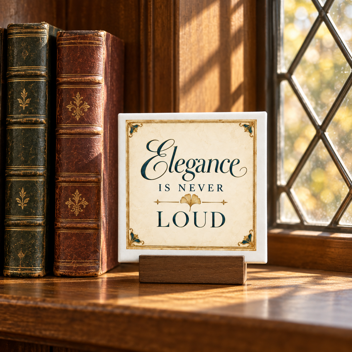 A Mirabilia Boutique Elegance Is Never Loud 4 × 4 Mini Sign rests on a wooden shelf between two ornate books, its refined presence adding a touch of elegant home decor to the space beside a sunlit window—an inviting scene that perfectly embodies pure Gilded Reverie.