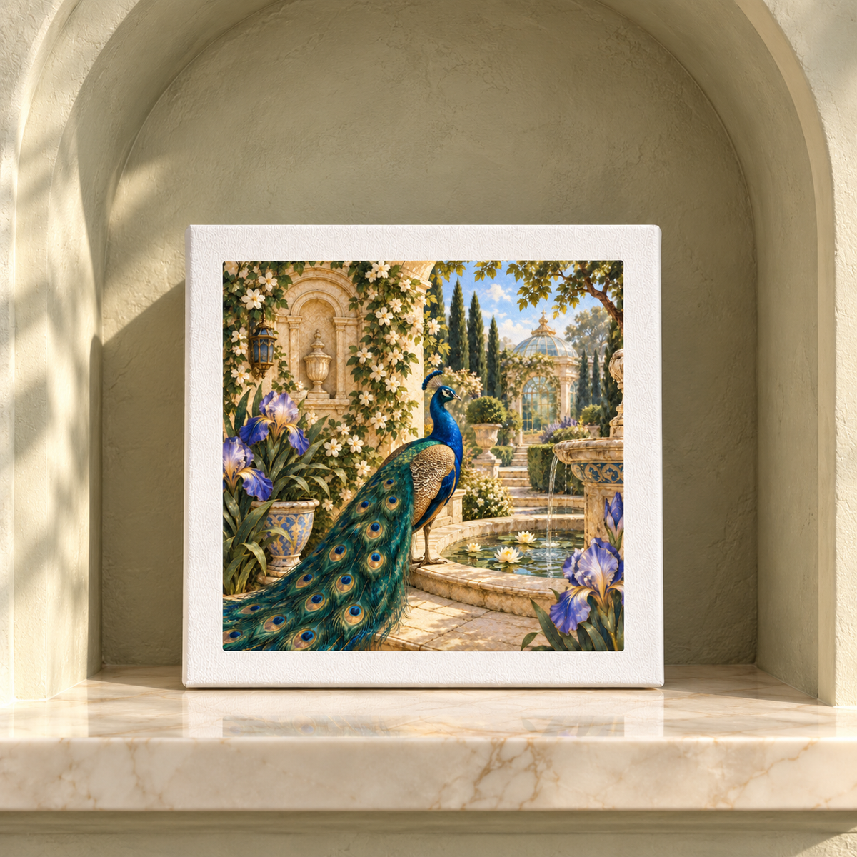 The Afternoon in the Peacock Garden Canvas from Mirabilia Boutique’s Gilded Reverie collection features a peacock in a lush, ornate garden with a fountain and purple flowers, displayed on a marble shelf in an arched alcove with soft natural lighting—an exquisite example of botanical wall art.