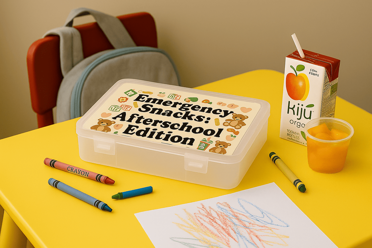 A yellow table holds crayons, a drawing, juice box, fruit cup in a reusable container, and the Mirabilia Boutique Afterschool Snackbox for Kids | Emergency Snacks Organizer. A backpack hangs in the background.