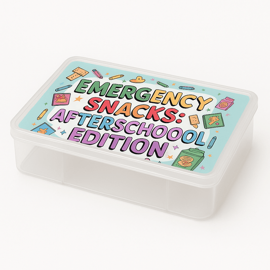 The Mirabilia Boutique Afterschool Snackbox for Kids | Emergency Snacks Organizer features a clear, reusable container with a colorful lid, surrounded by snacks and school supplies on a light blue background—perfect for afterschool treats.
